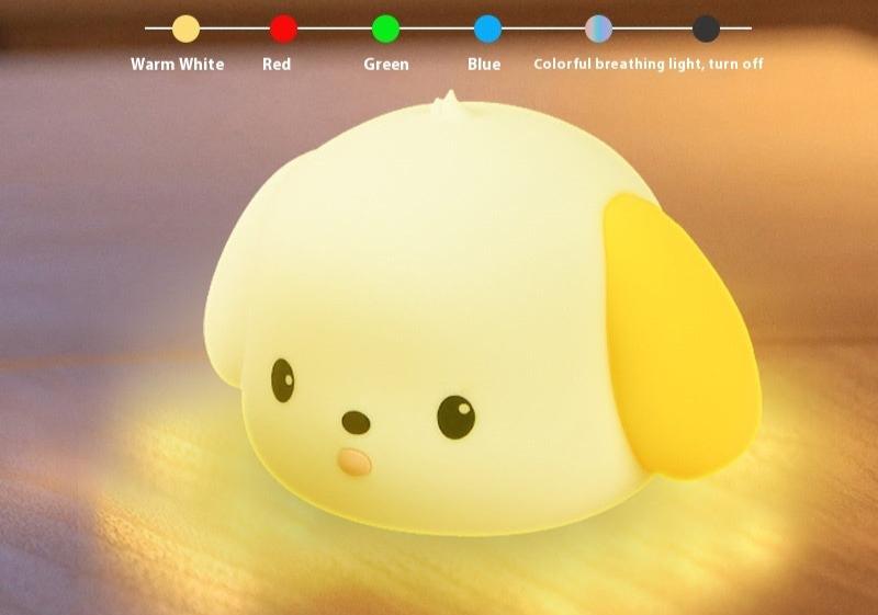 LED Nachtlicht Silikon dimmable night light shaped like a dog with color changing and touch control features.